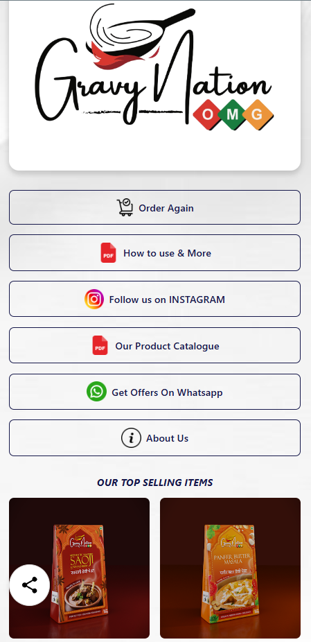 Example smart QR customer page with order, catalog, Instagram, offers, and about buttons